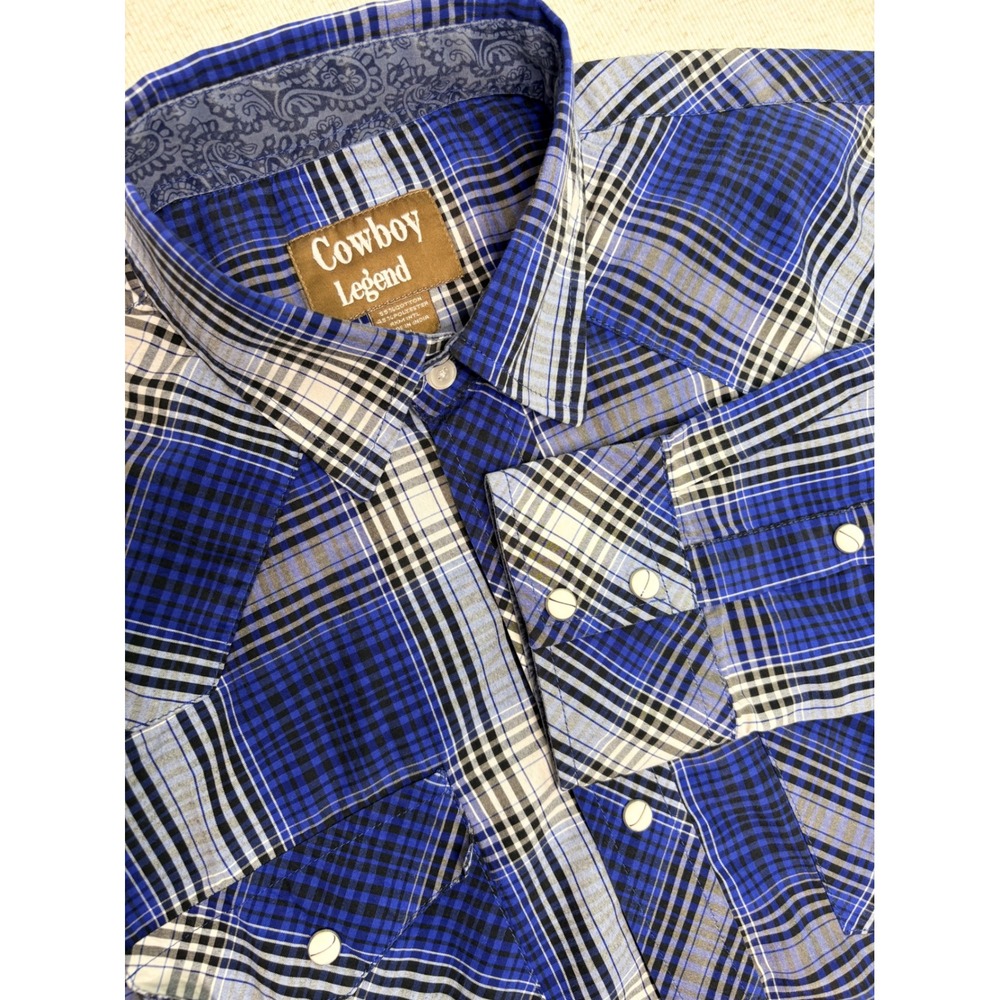 Cowboy Legend Mens XL Blue Plaid Western Snap Long Sleeve Shirt Pearl Snap Yoke